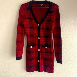 FASHION NOVA RED AND BLACK CARDIGAN DRESS W/ GOLD BUTTONS